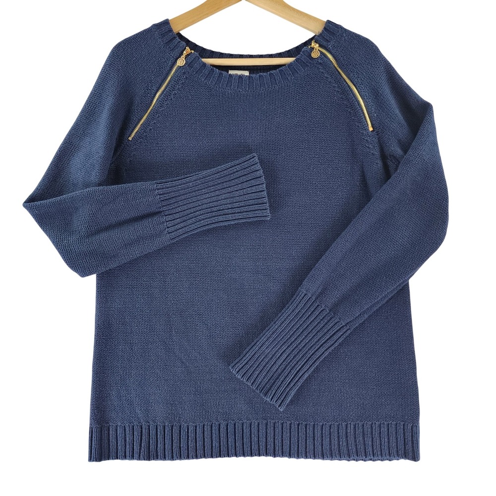 Anne Klein Sweater Womens XL Navy Blue Cotton Knit Gold Zip Raglan Pullover
